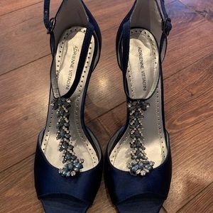 Adrienne Vittadini blue satin, open toe heels 7.5